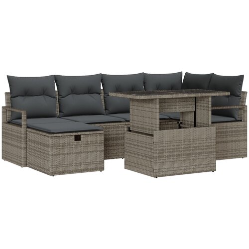 vidaXL 7-delni vrtni sofa set z blazinami siva poli ratan, 2-sedežni vrtni sofa s shranjevanjem in blazinami siva poli ratan Cene