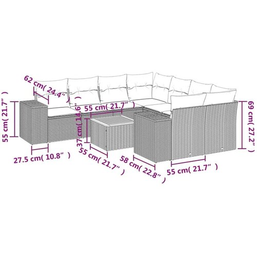VidaXL 9-dijelni set vrtnih sofa s jastucima crni od poliratana Slike
