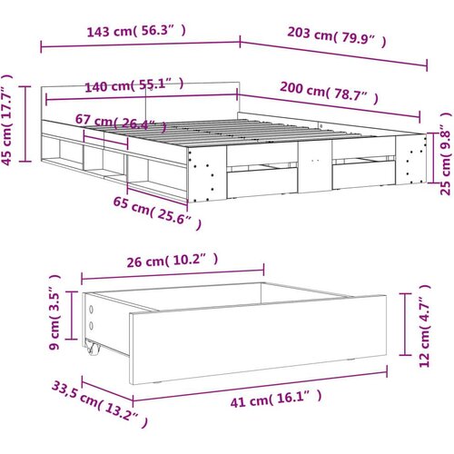 VidaXL Okvir za krevet s ladicama boja hrasta 140x200 cm drveni Slike