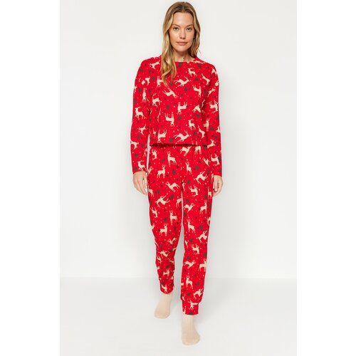 Trendyol Red 100% Cotton Christmas Theme Tshirt-Pants and Knitted Pajamas Set Slike
