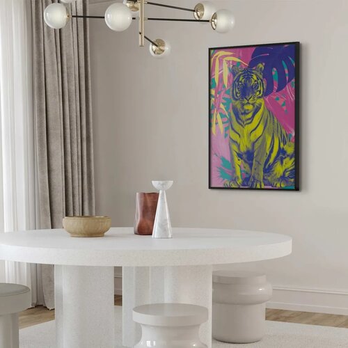  Plakat - Colorful Tiger - intense colors of a tiger surrounded by tropical plants 60x90 Crni okvir Slike