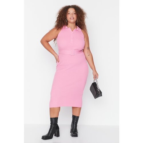 Trendyol Curve Pink Polo Neck Belted Slim Knitwear Dress Slike