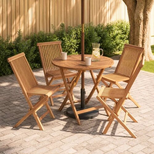  5-dijelni sklopivi vrtni bistro set Prirodna - Okruglo 4 sjedala Bez naslona za ruke Slike