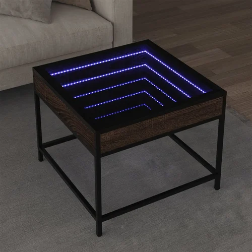 vidaXL Klubska mizica z neskončnimi LED rjavi hrast 50x50x41 cm