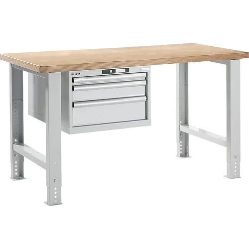 LISTA Modulna delovna miza, višina 740 - 1090 mm, viseča omarica, 3 predali, svetlo siva, širina mize 1500 mm