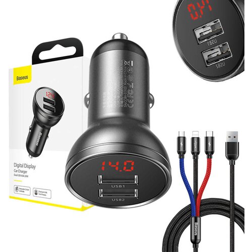 Baseus Digital Display Dual USB 4.8A Avtopolnilec 24W s tremi primarnimi barvami Kabel 3-v-1 USB 1.2M Black Suit Grey, (20627372) Slike