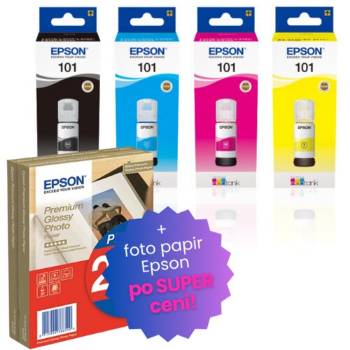 Epson Komplet črnil 101 (BK/C/M/Y), original + foto papir po SUPER ceni Cene