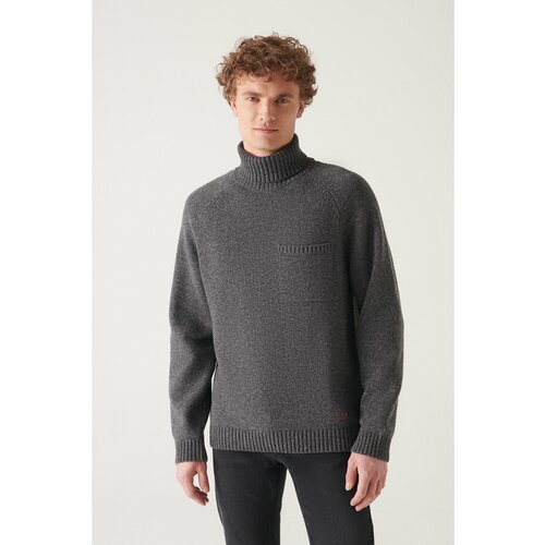 Avva Men's Anthracite Full Turtleneck Raglan Sleeve Pocket Detailed Comfort Fit Relaxed Cut Wool Sweater Slike