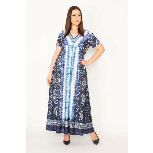 Şans Women's Plus Size Blue V-Neck Tie-Dye Pattern Long Dress Slike