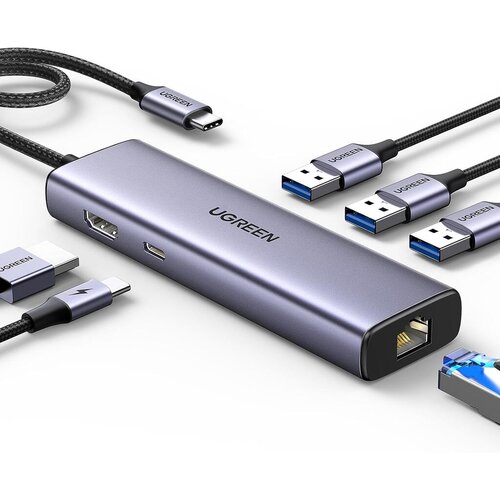 Ugreen Revodok USB-C Hub CM512, 6-u-1, HDMI 4K, Gigabit Ethernet, PD 100W, Sivi Slike
