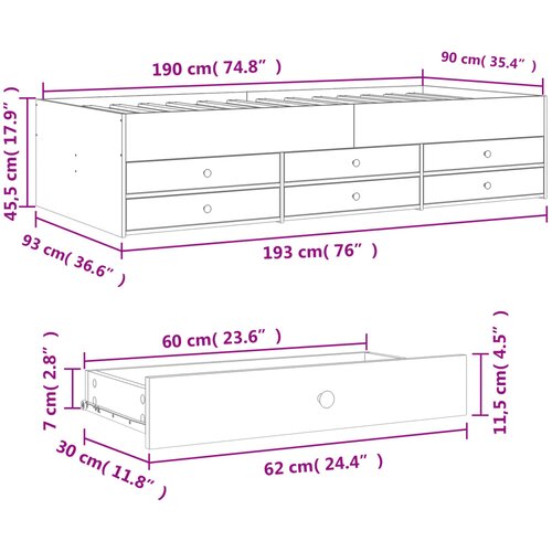  Dnevni krevet s ladicama bez madraca siva boja hrasta 90x190 cm Slike