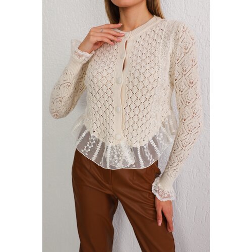 BİKELİFE Women's Ecru Buttoned Tulle Detail Special Design Knitwear Sweater Slike