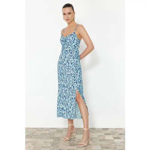 Trendyol Blue Floral Patterned Straight Cut Slit Detailed Viscose Strap Midi Dress
