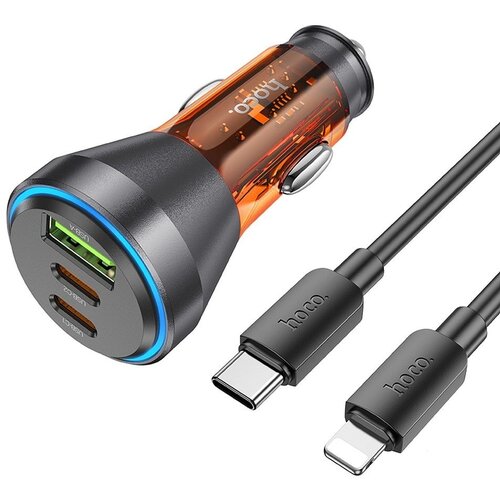 Hoco auto punjač usb a + 2 x type c + kabl type c na lightning pd QC3.0 3A 60W NZ12D providno narandzasti Slike