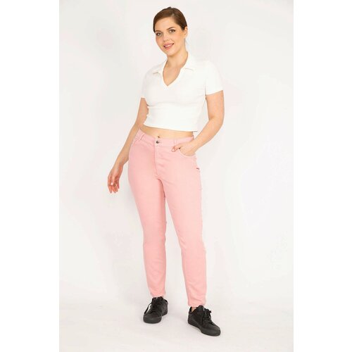 Şans Women's Pink Plus Size Lycra 5-Pocket Trousers with Elastic Waist Side Slike