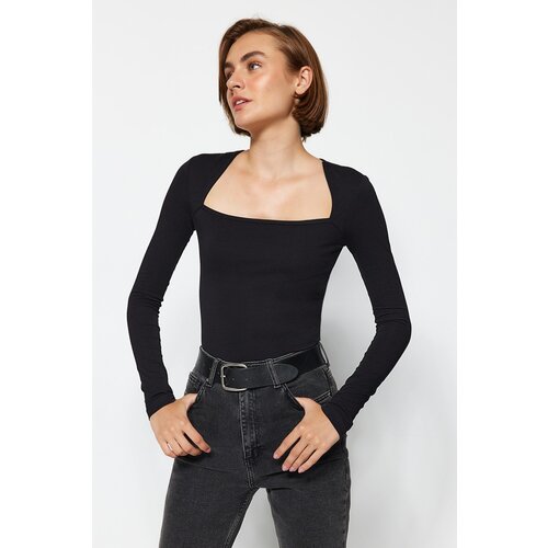 Trendyol Black Cotton Stretchy Square Collar Fitted/Slip-On Blouse Slike