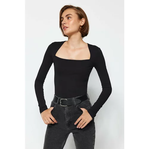 Trendyol Black Cotton Stretchy Square Collar Fitted/Slip-On Blouse