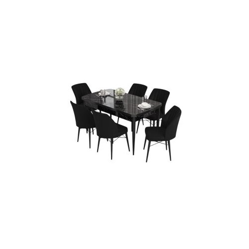 Hanah home eva - black marble, black black marbleblack extendable dining table & chairs set (7 pieces) Cene
