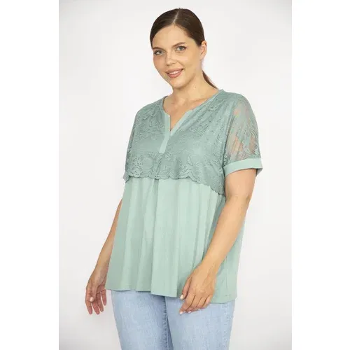 Şans Women's Green Plus Size Lace Detailed V-Neck Tunic