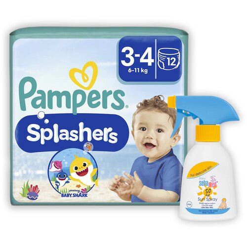 Pampers, Seba pampers splashers pelene za kupanje, veličina 3-4, 6- 11kg, 12 komada + seba sun baby sprej, spf 50, 200ml Slike