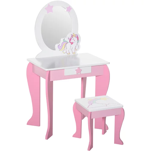 HOMCOM Toaletno ogledalo s predalom in lesenim stolčkom, igrača za deklice 3-6 let, roza in bela, (20755518)
