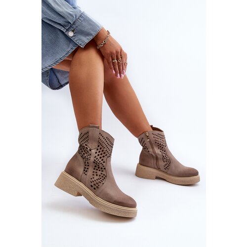 Zazoo 3470 Suede Women's Flat Heel Ankle Boots Cut-out Cappuccino Cene