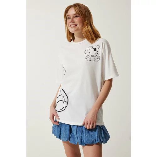 Happiness İstanbul Women's White Printed Oversize Knitted T-Shirt