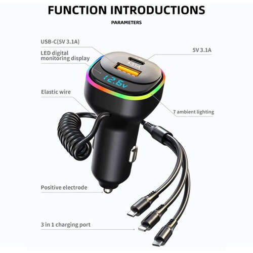  Auto punjač K2 RGB 3U1 USB PD36/ 65W/ 5V/ 3.1A crni Cene