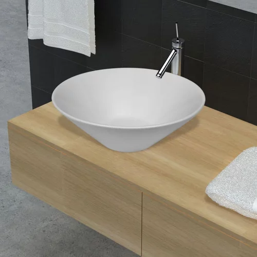 vidaXL Beli kopalniški keramični umivalnik v obliki sklede