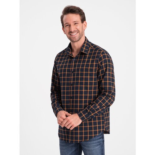 Ombre Men&amp;#039;s plaid flannel shirt SLIM FIT - navy blue and orange Slike