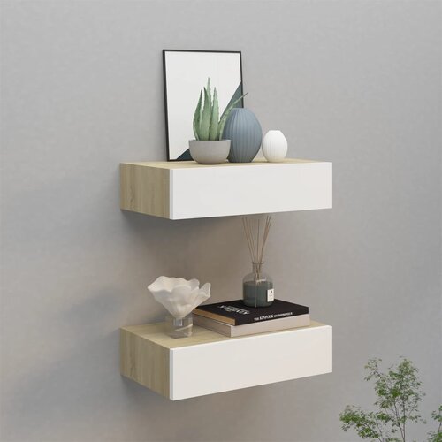 VidaXL Zidne police s ladicama 2 kom hrast i bijele 40x23,5x10 cm MDF Slike