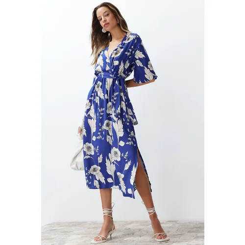 Trendyol Blue Belted Floral Print A-line Double-breasted Collar Midi Woven Dress