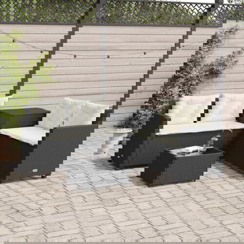 The Living Store Vrtni kavč z mizo in blazinami v obliki črke L črn poli ratan - Vrtni Kavč, (21627488) Cene