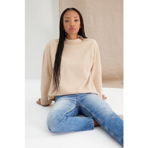 Trendyol Beige More Sustainable Thessaloniki/Knitwear Look Relaxed/Comfortable Fit Stand Up Collar Knitted Blouse Slike