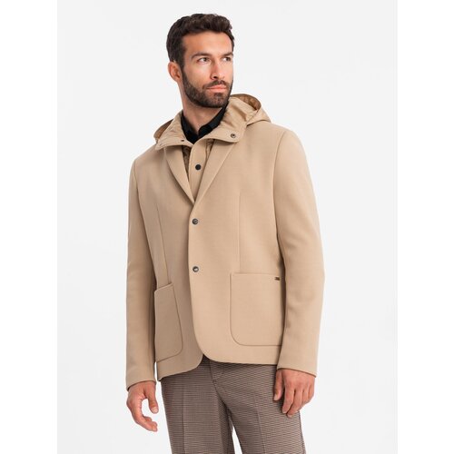 Ombre Men's jacket with high collar and hood - light brown Slike