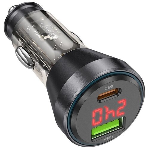 Hoco auto punjač usb a + type c sa digitalnim displejem + kabl type c na lightning pd QC3.0 3A 48W NZ12B providno crni Slike