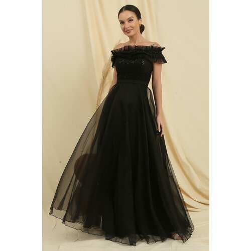 By Saygı Lined Long Tulle Dress with Beading Embroidered Top Slike