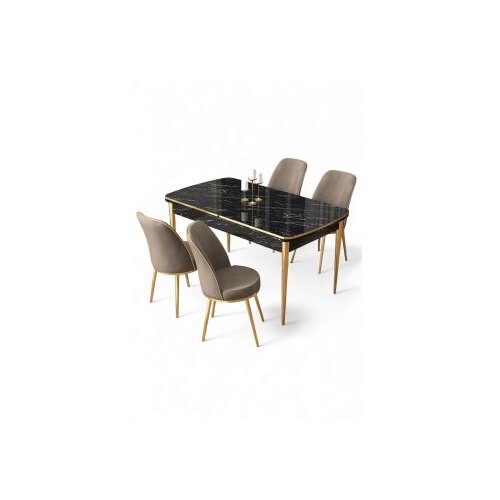 Hanah home Rasklopivi trpezarijski sto i stolice (5 delova) Nira Black Marble Gold Cappuccino Cene