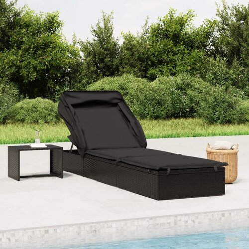 VidaXL Ležaj za sunčanje sklopivi krov crni 213 x 63 x 97 cm poliratan Slike