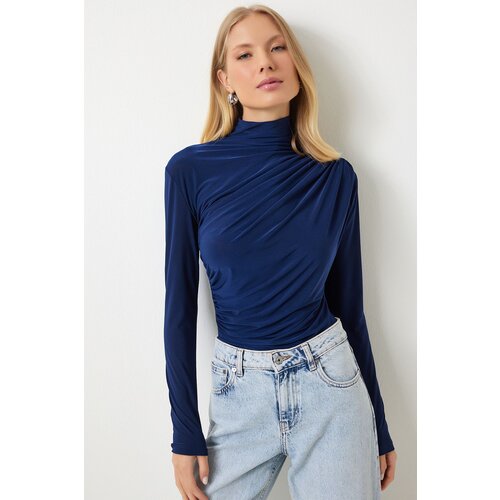 Women's Cobalt Blue Ruffle Detailed High Collar Sandy Blouse Slike