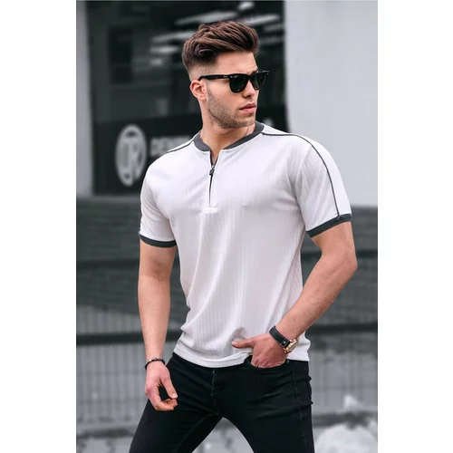 Madmext White Zipper Collar Men's Combed Combed Cotton T-Shirt.