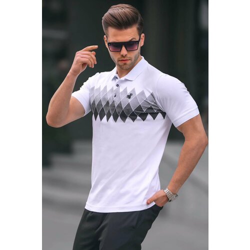 Madmext White Patterned Polo Neck Men's T-Shirt 6106 Slike