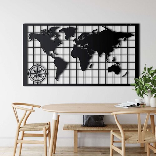 Wallxpert metalni zidni ukras 5271, mapa sveta sa mrežom i ružom kompasa u ramu, 75 x 43 cm, crni Cene