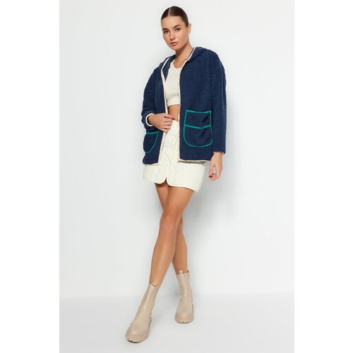Trendyol Navy Blue Thick Fleece Contrast Welt Hooded Relaxed/Comfortable Fit Knitted Sweatshirt Slike
