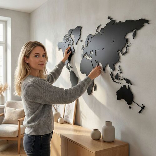 Wallxpert metalni zidni ukras 5143, mapa sveta, puna silueta, 150 x 80 cm, crni Slike