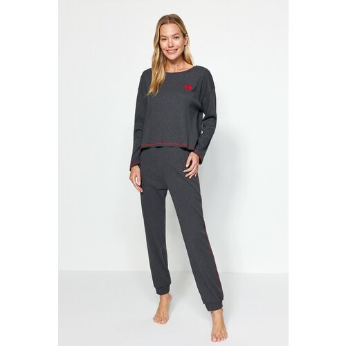 Trendyol Anthracite Embroidery and Stitching Detail Ribbed Tshirt-Jogger Knitted Pajamas Set. Cene
