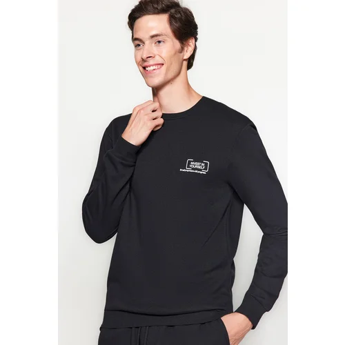 Trendyol Black Men's Regular/Regular Cut Crewneck Sweatshirt with Soft Pillows and Minimal Text Printed.