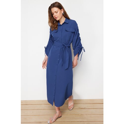 Trendyol Saks Belted Cotton Woven Shirt Dress with Adjustable Sleeves Detail Slike
