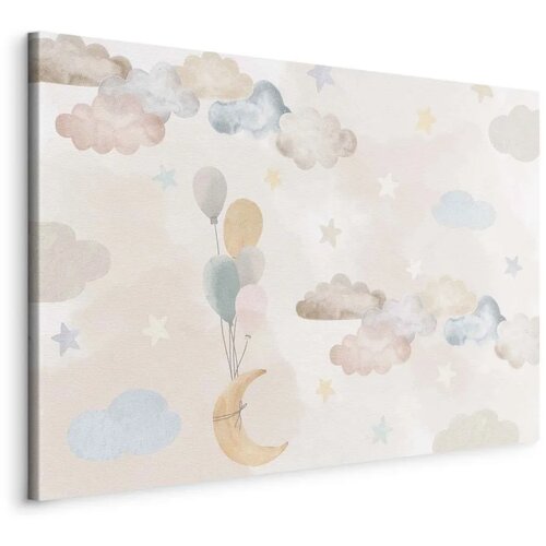  Slika - Fairy-Tale Moon - Pastel Moon with Balloons Among Colorful Clouds and Stars in Subdued Colors on a Light Background 30x2 Cene
