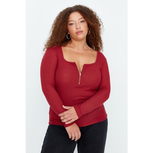Trendyol Curve Burgundy Square Collar Zippered Knitted Blouse Slike